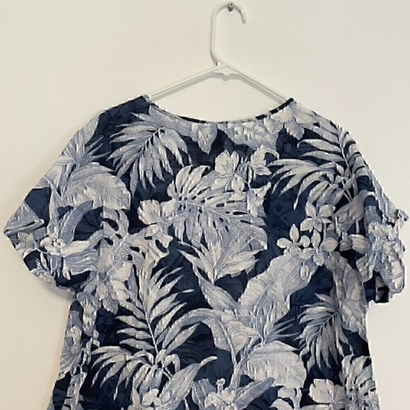 H&M L.O.G.G. V-Neck Cotton Blouse Blue Tropical Hawaiian Floral Leaf Leaves Boho - Picture 11 of 12